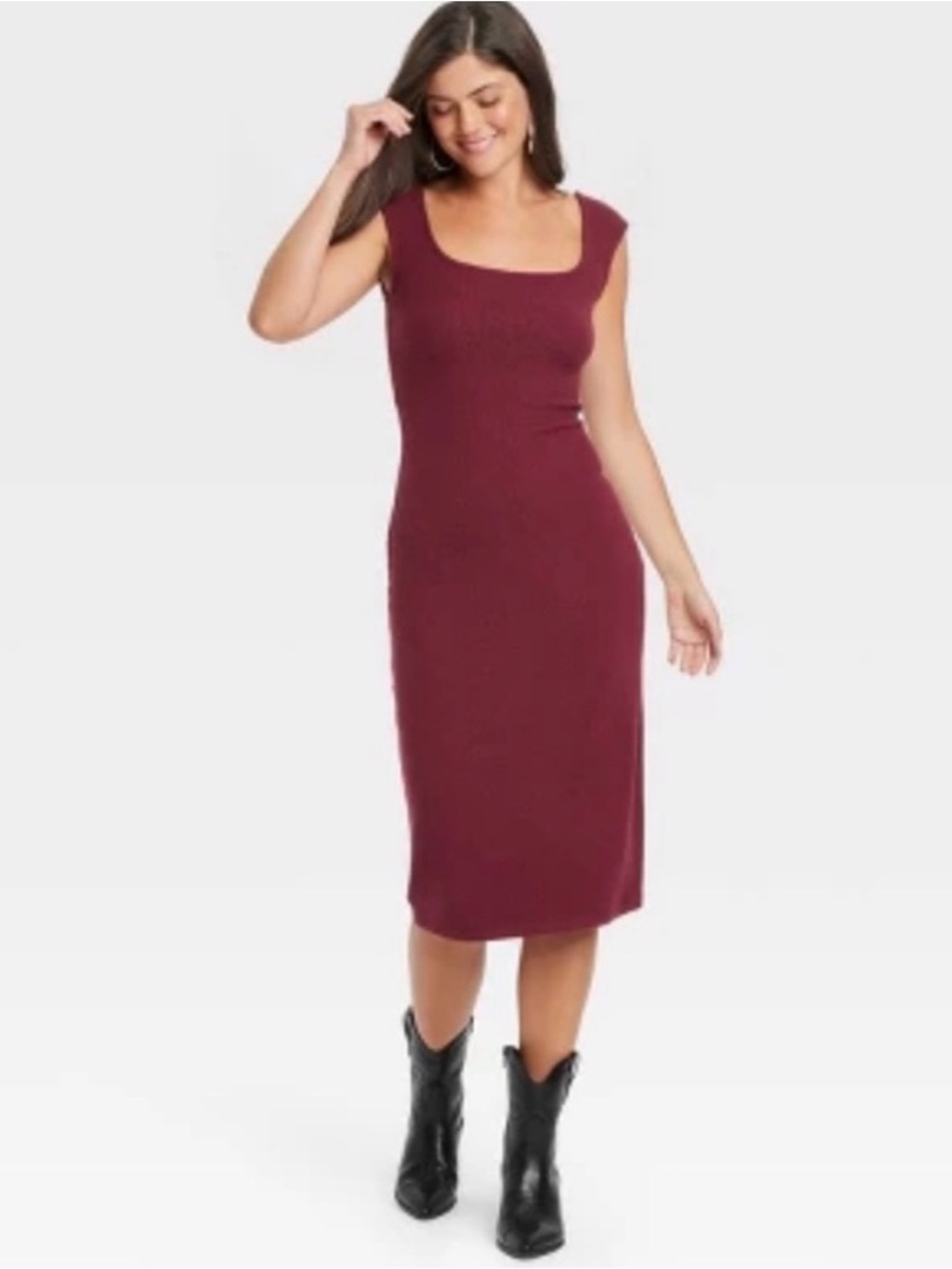 Universal Thread Burgundy Square-Neck Ribbed Midi Dress